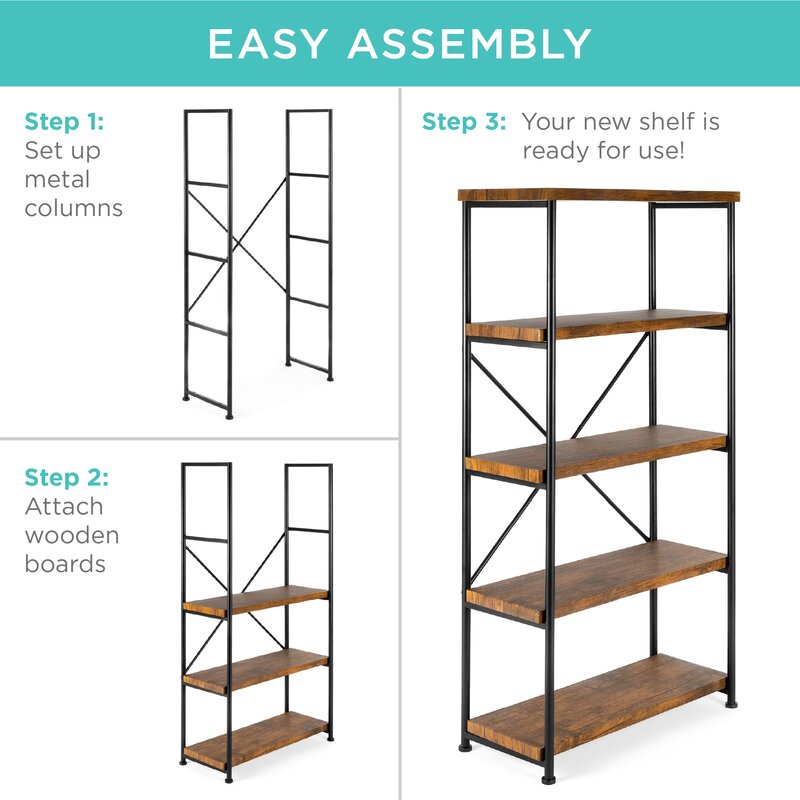 5-Tier Rustic Industrial Bookshelf Display online Décor Accent w/ Metal Frame, Wooden